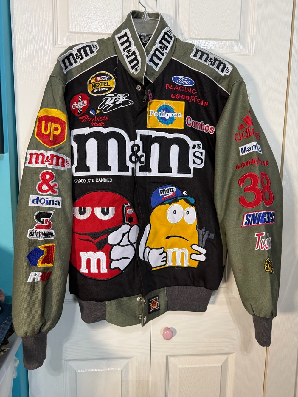 NASCAR M&M'S Racing Patch Logo Bomber Jacket in Olive, Black & Red #38